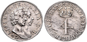 GROSSBRITANNIEN, Wilhelm und Maria, 1688-1694, AR 4 Pence (1689). 19mm; 1,95g; 6h.
 selten, vz+
Seaby 3439; KM 471.1
