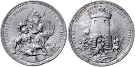 GROSSBRITANNIEN, Anna, 1702-1714, Satirische Zinnmed. o.J. (1706) unsig. von P.H. Müller, a.d. Siege über Ludwig XIV. von Frankreich durch die Aliiert...