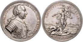GROSSBRITANNIEN, Georg II., 1727-1760, Silbermed. 1746 von Holtzhev a.d. Schlacht von Culloden. Brb. Wilhelm Cumberland in Rüstung r. Rs.Der Herzog al...
