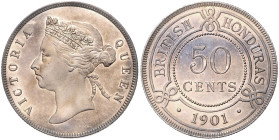 GROSSBRITANNIEN, Victoria, 1837-1901, British Honduras, 50 Cents 1901. 30mm; 11,57g; 6h.
 Prachtex., schöne Tönung, f.st
KM 10