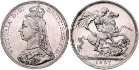 GROSSBRITANNIEN, Victoria, 1837-1901, Crown 1887. St. Georg. 38,6mm; 28,3g.
 Rs.Kr., f.st
Dav.107; Seaby 3921