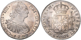 GUATEMALA, Karl IV., 1788-1808, 8 Reales 1797 NGM, Nueva Guatemala. 40mm; 27,14g; 12h.
 selten, Prachtex., schöne Patina, vz+
KM 45