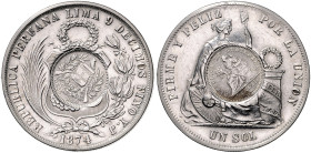 GUATEMALA, Republik, seit 1821, Sol 1874 YJ von Peru. Mit Gegenstempel: 1/2 Real 1894.
 vz
KM 224