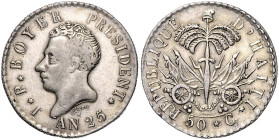 HAITI, Republik, seit 1804, 50 Centimes AN 25 =1828. J.P. Boyer. 26mm; 5,55g; 12h.
 ss/vz
KM 20