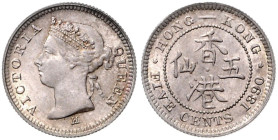HONGKONG, Victoria, 1837-1901, 5 Cents 1890. 16mm; 1,38g; 6h.
 Prachtex., f.st
KM 5
