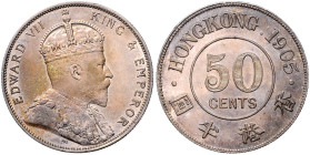 HONGKONG, Eduard VII., 1901-1910, 50 Cents 1905. 31,2mm; 13,65g; 12h.
 Prachtex., schöne Patina, vz
KM 15