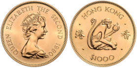 HONGKONG, Elisabeth II., 1952-1997, 1000 Dollars 1980. Jahr des Affen. 28,4mm; 15,96g.
Ware ist MwSt-befreit
VAT tax free
GOLD, st
KM 47; Frbg.6