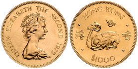 HONGKONG, Elisabeth II., 1952-1997, 1000 Dollars 1979. Jahr der Ziege. 28,4mm; 15,92g.
Ware ist MwSt-befreit
VAT tax free
GOLD, Vs.f.Kr., vz/st
KM...