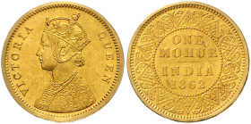 INDIEN, Victoria, 1837-1901, 1 Mohur 1862. East India Company. 11,63g.
Ware ist MwSt-befreit
VAT tax free
GOLD, vz/st
KM.462.3; Frbg.1595a