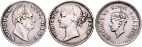 INDIEN / BRITISH INDIEN, Ost-Indische-Kompanie, Rupie 1835 (ss). DAZU: Victoria, Rupie 1840 (f.ss); Georg VI., Rupie 1945 (ss+).
 3 Stk., ss, f.ss, s...