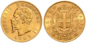 ITALIEN, Vittorio Emanuele II., 1861-1878, 20 Lire 1863 T BN. 21,1mm; 6,45g.
Ware ist MwSt-befreit
VAT tax free
GOLD, ss/vz
KM 10.1; Frbg.11