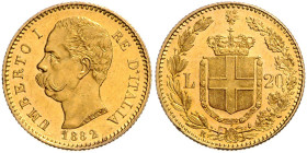 ITALIEN, Umberto I., 1878-1900, 20 Lire 1882 R. 21,3mm; 6,45g.
Ware ist MwSt-befreit
VAT tax free
GOLD, vz/st
KM 21; Frbg.21