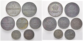 ITALIEN / LOMBARDEI UND VENETIEN, Österreichische Administration, 1814-1859, 5 Centesimi 1822 M, 1843 M, 1852 V. 3 Centesimi 1852 V. Centesimo 1852 M,...