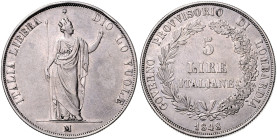 ITALIEN / LOMBARDEI UND VENETIEN, Revolutionäre Provisorische Regierung, 1848, 5 Lire 1848 M, Mailand.
 kl.Rdf., ss
KM C.22.3; Dav.206
