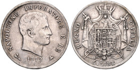 ITALIEN / NAPOLEONISCHES KÖNIGREICH, Napoleon I. Bonaparte, 1804-1814, 5 Lire 1812 B, Bologna. 37,3mm; 24,82g; 6h.
 ss
KM 10.9