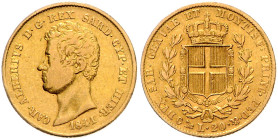 ITALIEN / SARDINIEN, Karl Albert, 1831-1849, 20 Lire 1841 P, Genua. Anker. 21,3mm; 6,42g.
Ware ist MwSt-befreit
VAT tax free
GOLD, s/ss
KM C.115.1...
