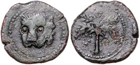 ITALIEN / SIZILIEN, Wilhelm II., 1166-1189, AE Trifollaro o.J., Messina. Löwenkopf v.vorn. Rs.Palme. 10,15g.
 ss
Spahr 117