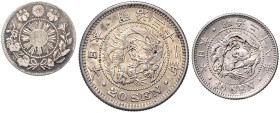 JAPAN, 122. Kaiser Mitsuhito (Meiji), 1867-1912, 20 Sen Jahr 31 =1898 (vz), 10 Sen Jahr 28 =1895 (f.st), 5 Sen Jahr 4 =1871 (ss).
 3 Stk., ss bis f.s...