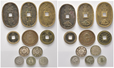 JAPAN, 122. Kaiser Mitsuhito (Meiji), 1867-1912, 100 Mon o.J.(1835-1870) (3x). 4 Mon o.J. (1769-1860). Mon o.J.(18.Jh.). 5 Sen Jahr 22 =1889. 5 Sen Ja...