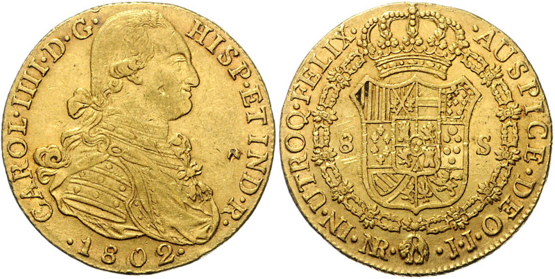 KOLUMBIEN, Karl IV., 1788-1808, 8 Escudos 1802 NR JJ, Nuevo Reino. 34,9mm; 27,02...