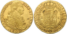 KOLUMBIEN, Karl IV., 1788-1808, 8 Escudos 1802 NR JJ, Nuevo Reino. 34,9mm; 27,02g.
Ware ist regelbesteuert
standard taxation
GOLD, Vs.kl.Sf., ss
F...