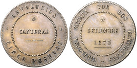 KOLUMBIEN, Vereinigte Staaten, 1862-1886, 5 Pesetas 1875, Cartagena Cantonales Revolutionsgeld. 24,78g.
 vz
KM -