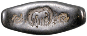 LAOS, Königreich von Lanchang, 1353-1571, AR Lat zu 1/8 Tamlung mit 3 Stempeln: Chakra, Elefant, Chakra. 32mm; 10,93g. Sogen. Blutegelgeld.
 ss
Mitc...