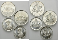 MALTA, Republik seit 1964, 2 Pounds 1972. (2x) 38mm; 20g. DAZU:Pound 1972. (2x) 32mm; 10g.
 4 Stk., st
KM 14; 13
