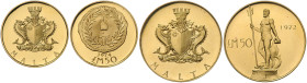 MALTA, Republik seit 1964, 50 Pounds 1972. 34mm; 30g. DAZU:50 Pounds 1974. 28mm; 14,97g.
 GOLD, 2 Stk., Prooflike
KM 18; 28; Frbg.48; 55