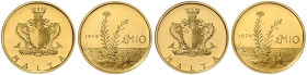 MALTA, Republik seit 1964, 10 Pounds 1974. (2x) 19mm; 3g.
 GOLD, 2 Stk., Prooflike
KM 26; Frbg.57