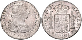 MEXIKO, Karl IV., 1788-1808, 8 Reales 1790 Mo FM. Mzz. Mo, Mexico City. 39,5mm; 26,94g; 12h.
 Prachtex., selten in der Erhaltung, vz-st
KM 107