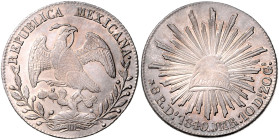 MEXIKO, Republik, seit 1821, 8 Reales 1849 Do-JMR, Durango. 38,5mm; 26,60g.
 selten, Prachtex., schöne Patina, vz
KM 377.4