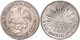 MEXIKO, Republik, seit 1821, 4 Reales 1857 Ga-JG, Guadalajara. 33mm; 13,54g; 6h.
 schöne Patina, ss+/f.vz
KM 375.2