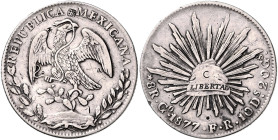 MEXIKO, Republik, seit 1821, 8 Reales 1877 GO-FR, Guanajuato. 26,93g. Mit Chopmarks.
 ss-vz
KM 377.8