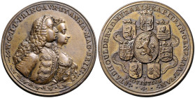 NIEDERLANDE, Wilhelm IV.(Karl Heinrich Friso), 1747-1751, Br.-Med. o.J. (1747) a.d. Ernennung von Wilhelm IV. zum Erbgouverneur der Republik der siebe...