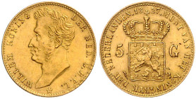 NIEDERLANDE, Willem I., 1815-1840, 5 Gulden 1827, Ultrecht. 18,5mm; 3,36g; 6h.
 GOLD, f.vz
Frbg.328; KM 60
