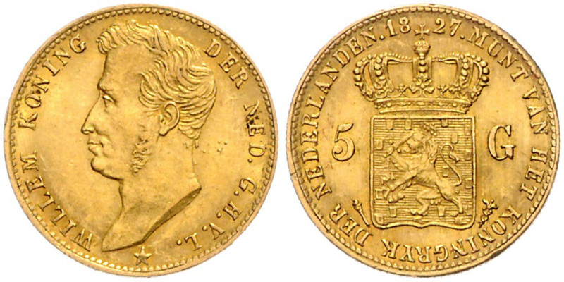 NIEDERLANDE, Willem I., 1815-1840, 5 Gulden 1827, Ultrecht. 18,5mm; 3,35g; 6h.
...