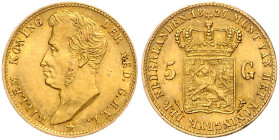 NIEDERLANDE, Willem I., 1815-1840, 5 Gulden 1827, Ultrecht. 18,5mm; 3,35g; 6h.
 GOLD, f.vz
Frbg.328; KM 60