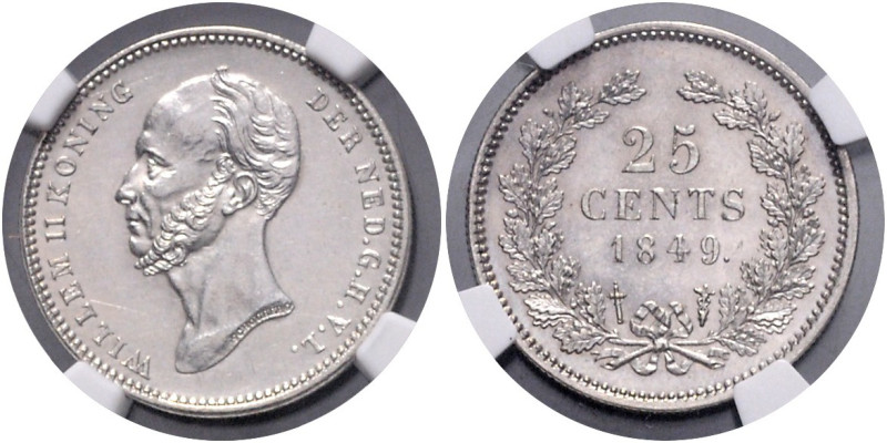 NIEDERLANDE, Willem II., 1840-1849, 25 Cents 1849. Mit Punkt.
 NGC, Cleaned, UN...