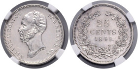NIEDERLANDE, Willem II., 1840-1849, 25 Cents 1849. Mit Punkt.
 NGC, Cleaned, UNC DETAIL
KM 76