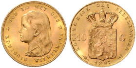 NIEDERLANDE, Wilhelmina I., 1890-1948, 10 Gulden 1897. Mit langem Haar. 6,73g.
Ware ist MwSt-befreit
VAT tax free
GOLD, f.st
Frbg.347; KM 118
