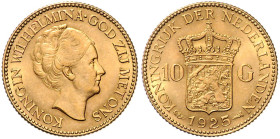 NIEDERLANDE, Wilhelmina I., 1890-1948, 10 Gulden 1925. 22,45mm; 6,72g.
Ware ist MwSt-befreit
VAT tax free
GOLD, vz
KM 162; Frbg.351