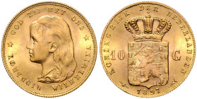 NIEDERLANDE, Wilhelmina I., 1890-1948, 10 Gulden 1897. 22,6mm; 6,72g.
Ware ist MwSt-befreit
VAT tax free
GOLD, ss-vz
KM 118; Frbg.347
