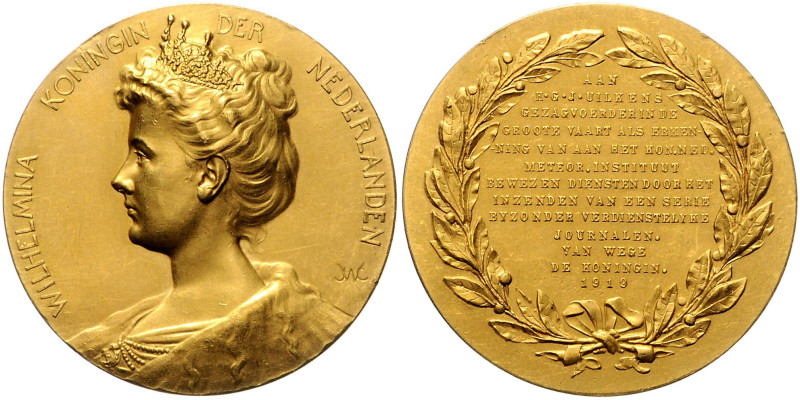 NIEDERLANDE, Wilhelmina I., 1890-1948, Goldmed. 1919 a.d. Verdienste um das köni...