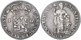 NIEDERLANDE / WESTFRIESLAND, Provinz der Vereinigten Niederlande, 1543-1795, Gulden 1763. Gekr. Wappen zwischen Jahreszahl. Rs.Stehende Frauengestalt ...