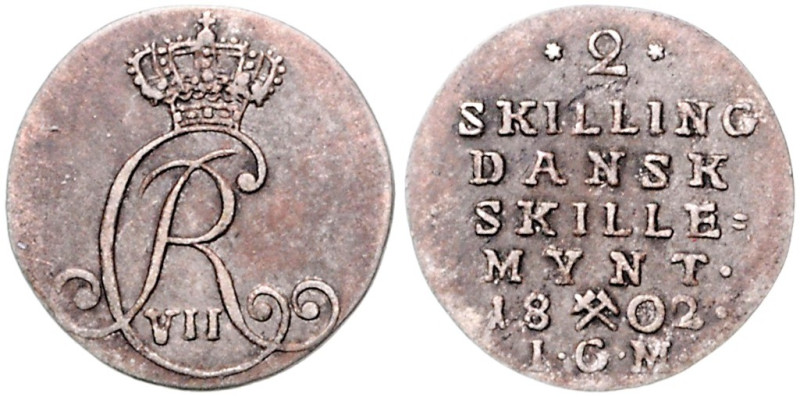NORWEGEN, Christian VII., 1766-1808, 2 Skilling 1802 IGM, Altona. 1,5g.
 ss+
K...