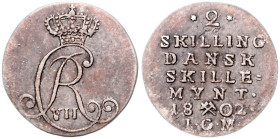 NORWEGEN, Christian VII., 1766-1808, 2 Skilling 1802 IGM, Altona. 1,5g.
 ss+
KM 270; Hede 18 A; Sieg 4