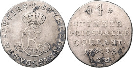 NORWEGEN, Christian VII., 1766-1808, 1/4 Reichstaler = 1/5 Speciedaler 1798 IGM, Kongsberg. 7,16g.
 etw.Fundbelag, s/ss
KM 272; Sieg 9.2