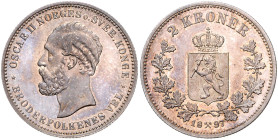 NORWEGEN, Oscar II., 1872-1905, 2 Kroner 1897, Kongsberg. 31mm; 14,95g; 12h.
 sehr selten in der Erhaltung, f.st
KM 359