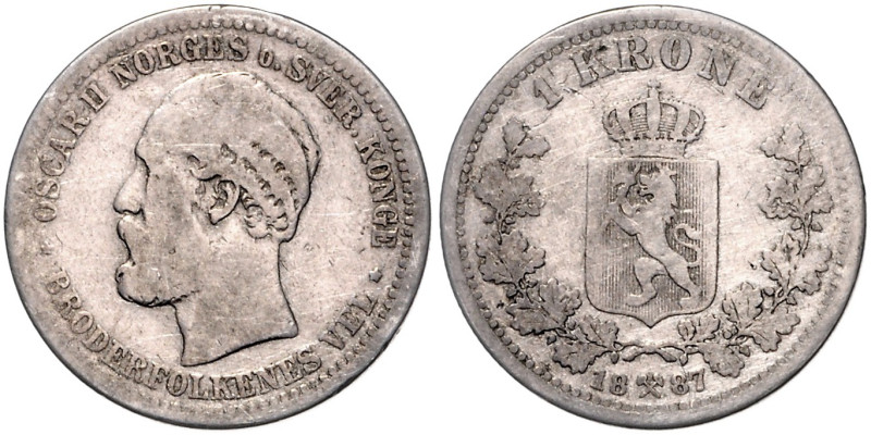 NORWEGEN, Oscar II., 1872-1905, Krone =15 Skilling 1887.
 s
Sieg 58; KM 357